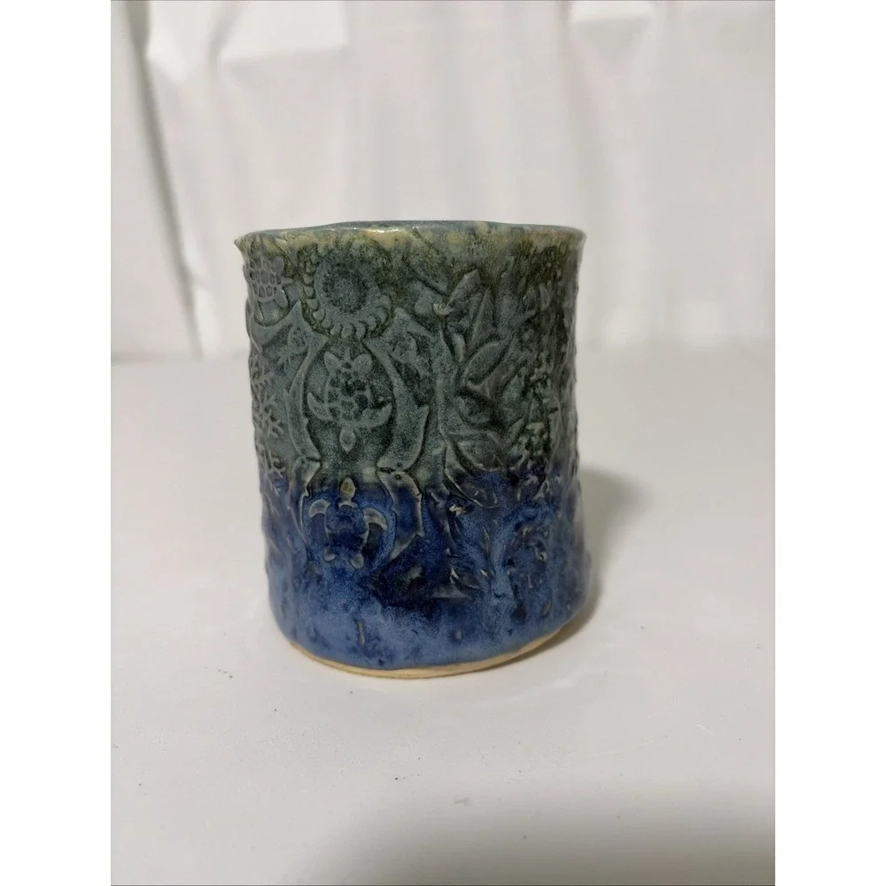 Studio Art Pottery Handmade Ceramic Vase Pencil Holder 4in Blue Sea Life Turtle